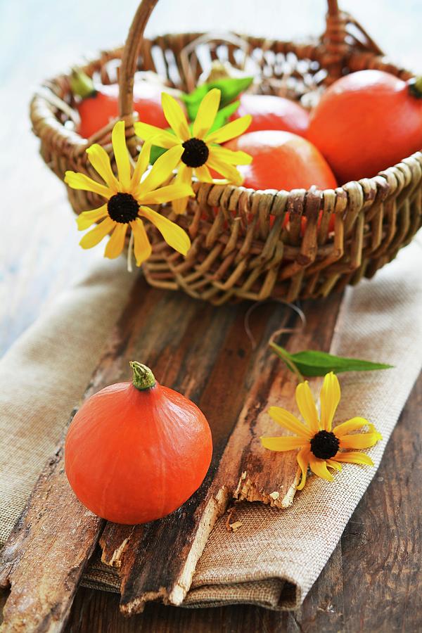 Small Hokkaido Pumpkins In A Basket With Flowers Photograph by Mariola Streim