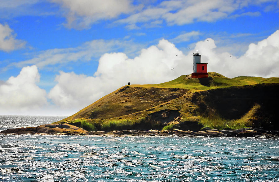 Small Lighthouse With Two People At Lands End With Ocean And Seagulls Photograph by Dan Barba
