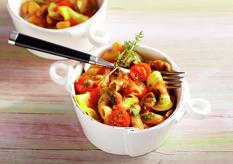 Small Portions Of Pasta With Vegetables And Tomato Sauce Photograph by Teubner Foodfoto