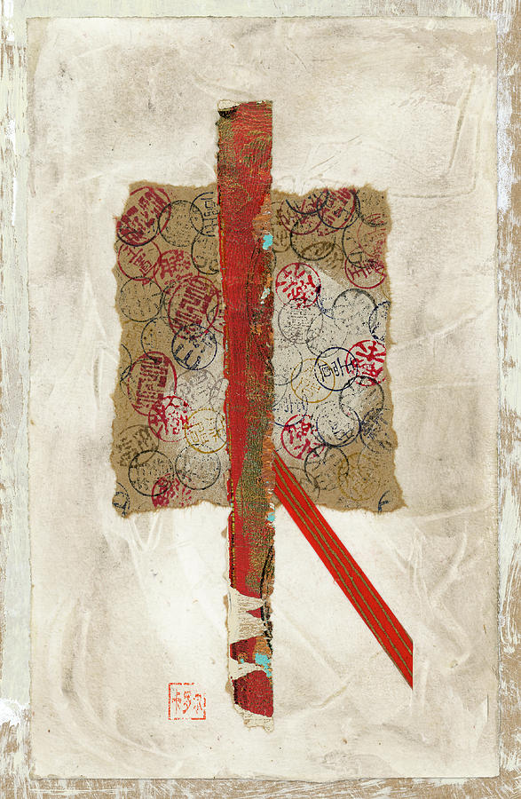 Small Red and Brown Collage on Plaster Mixed Media by Carol Leigh