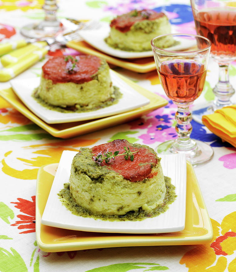 Small Ricotta, Red Pepper And Basil Pesto Cakes Photograph by Bertram
