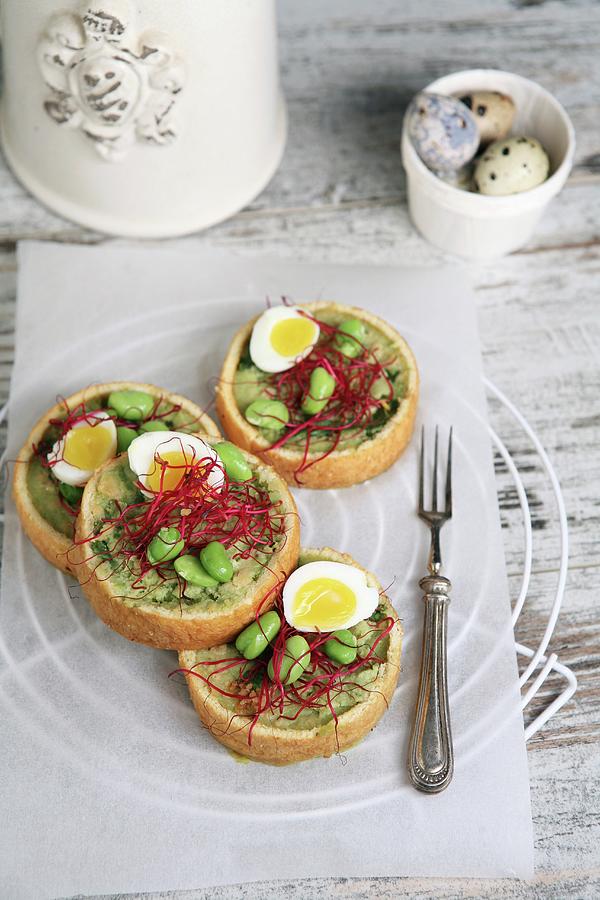 Small Savory Cakes With Bean Sprouts, Quail Eggs And Red Bean Sprouts Photograph by Viola Cajo