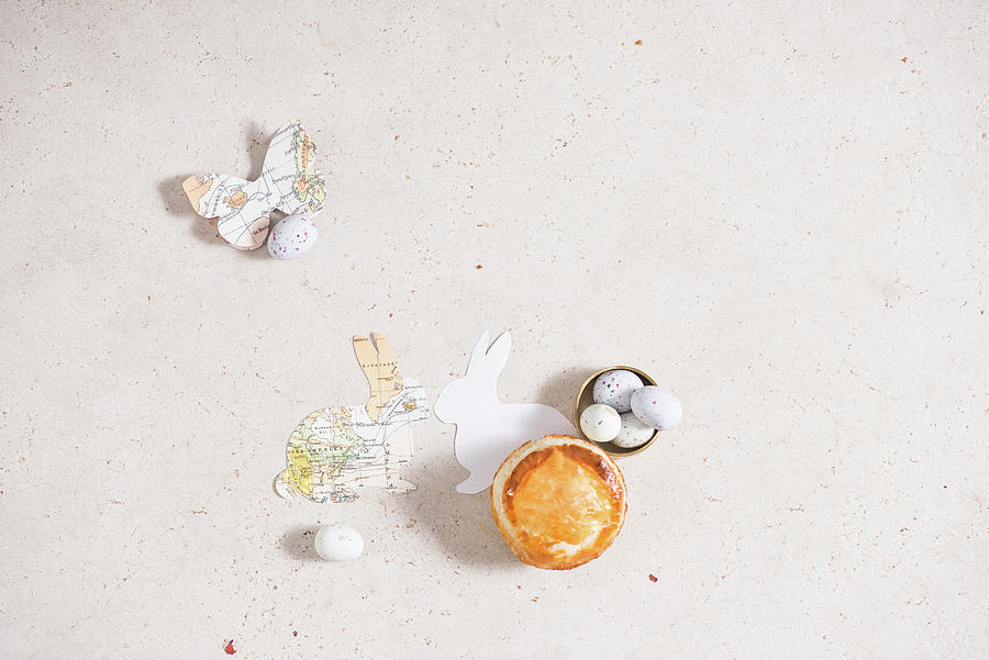 Small Torta Pasqualina, Sugar Eggs And Paper Easter Decorations Photograph by Fotografie-lucie-eisenmann