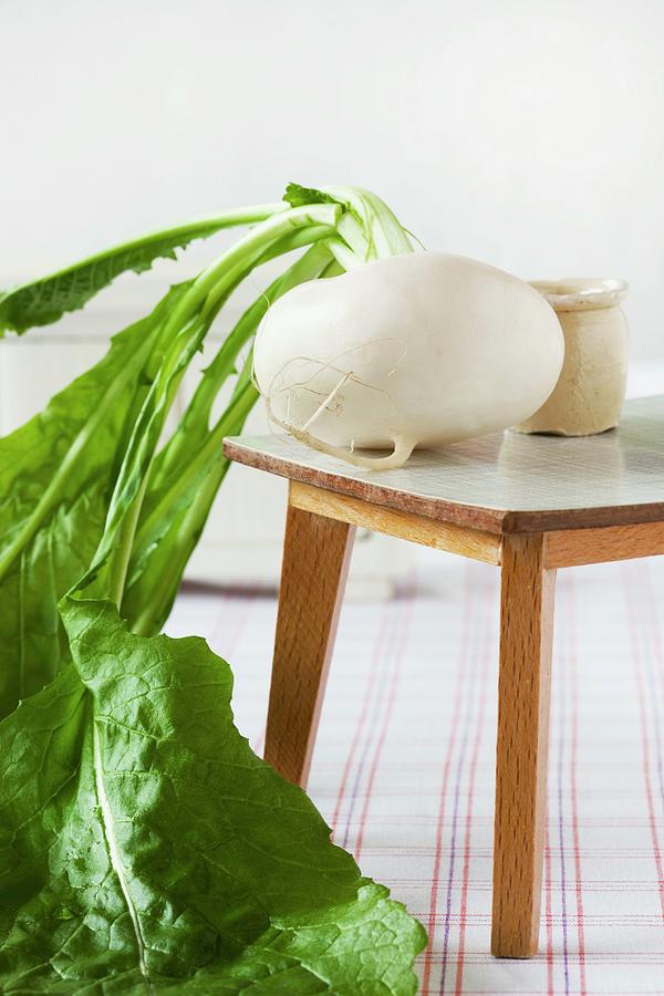 Small White Radish With Leaves On Dolls House Table Photograph by Sabine Lscher