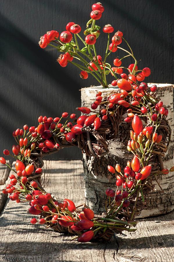Small Wreath Of Rose Hips On Wooden Table Photograph by Elisabeth Berkau