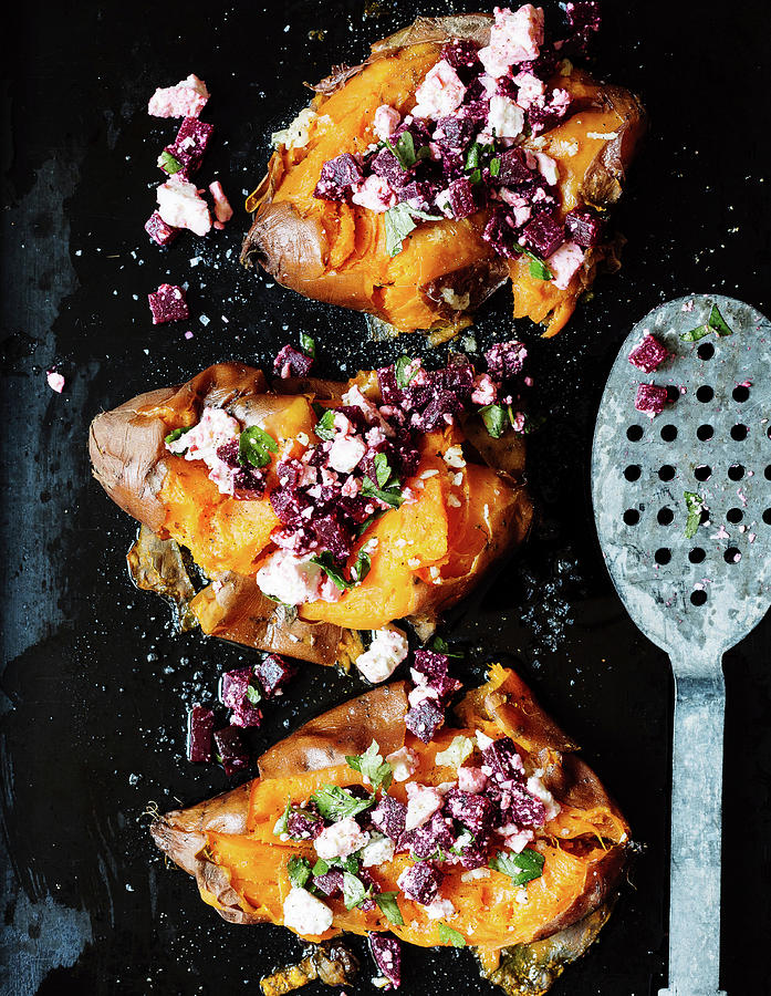 Smashed Sweet Potatoes With A Beetroot And Feta Cheese Salad Photograph by Anna Haas / Stockfood Studios
