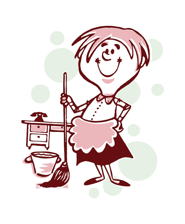Vintage Drawing - Smiling Housekeeper with Mop and Bucket by CSA Images