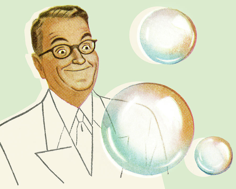 Vintage Drawing - Smiling Man and Bubbles by CSA Images