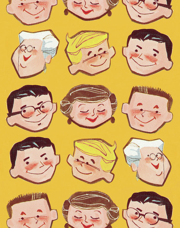 Vintage Drawing - Smiling People Pattern by CSA Images