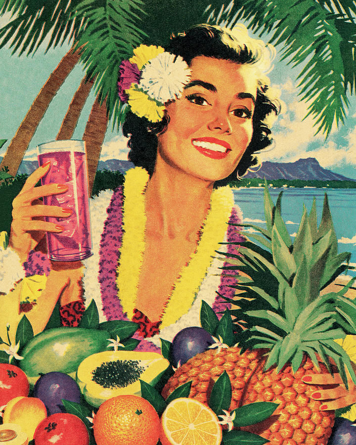 Vintage Drawing - Smiling Woman and Tropical Fruit by CSA Images