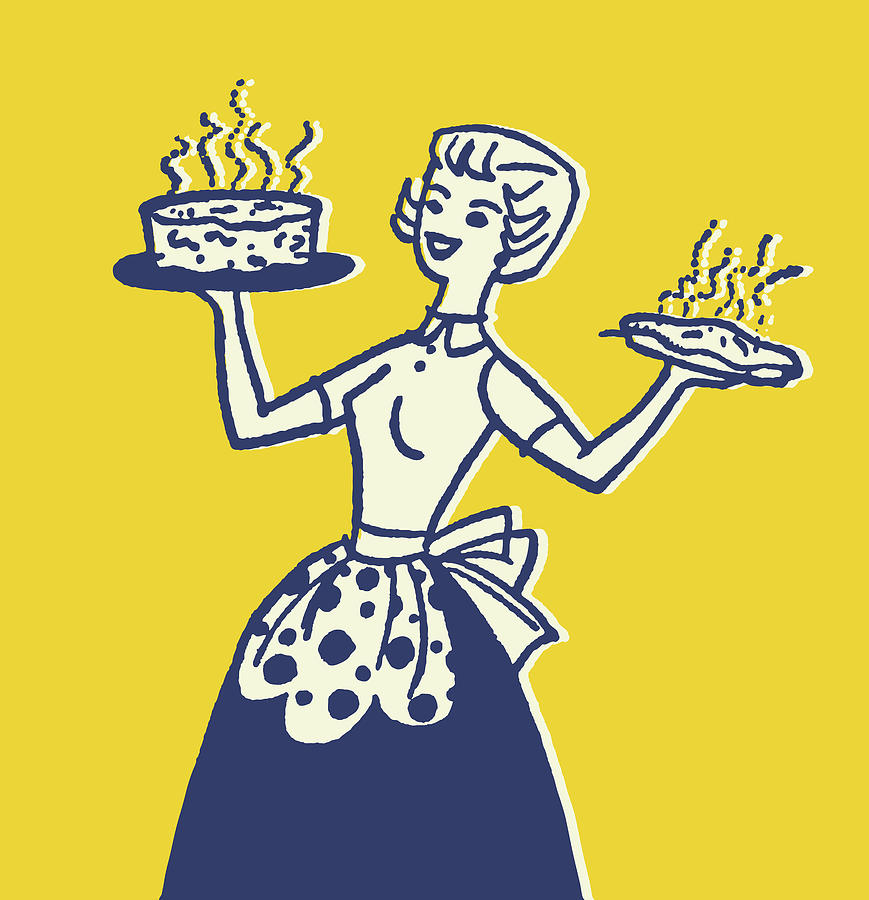 Smiling Woman with Cake in One Hand and Pie in the Other Drawing by CSA ...