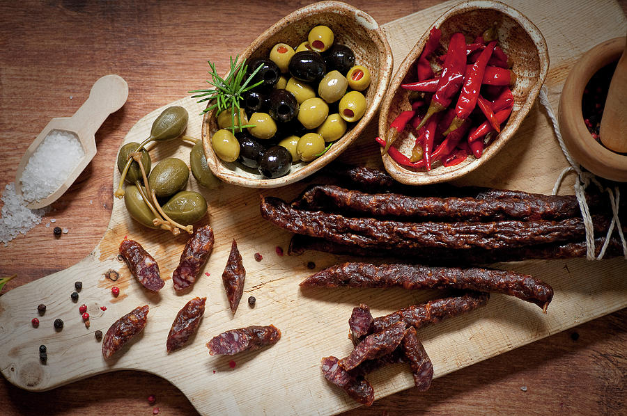 Smoked And Dried Venison And Pork Fat Sausages Photograph by Tomasz Jakusz