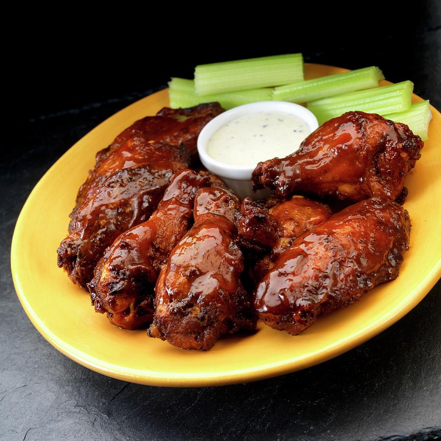 Smoked Chicken Wings With Ranch Dressing And Celary Photograph by Paul Poplis