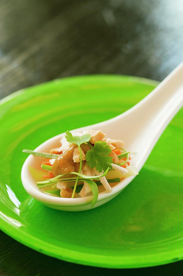 Smoked Chicken With Vegetables And Coriander Leaves On Spoon asia Photograph by Tim Winter
