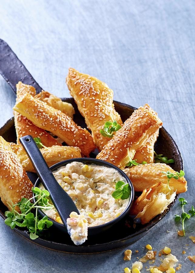 Smoked Fish And Sweetcorn Spread With Flaky Pastry Sticks Photograph by Great Stock!