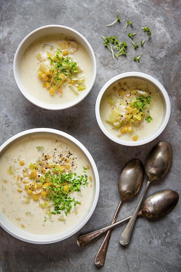 Smoked Haddock And Corn Chowder Garnished With Cress, View From Above Photograph by Magdalena Hendey