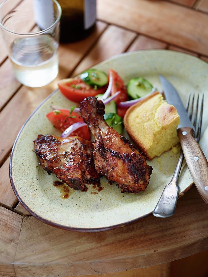 Smoked Jerk Chicken With Corn Bread And Salad Photograph by Leigh Beisch