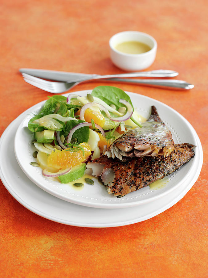 Smoked Mackerel With Orange, Spinach And Fennel Salad Photograph by Gareth Morgans