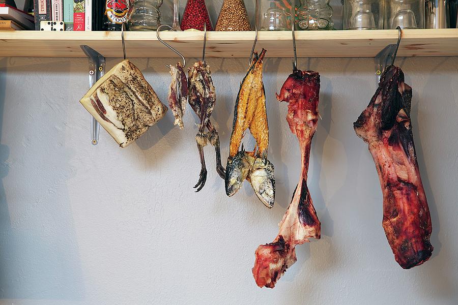 Smoked Meat, Fish And Poultry On Hooks Photograph by Hugh Johnson