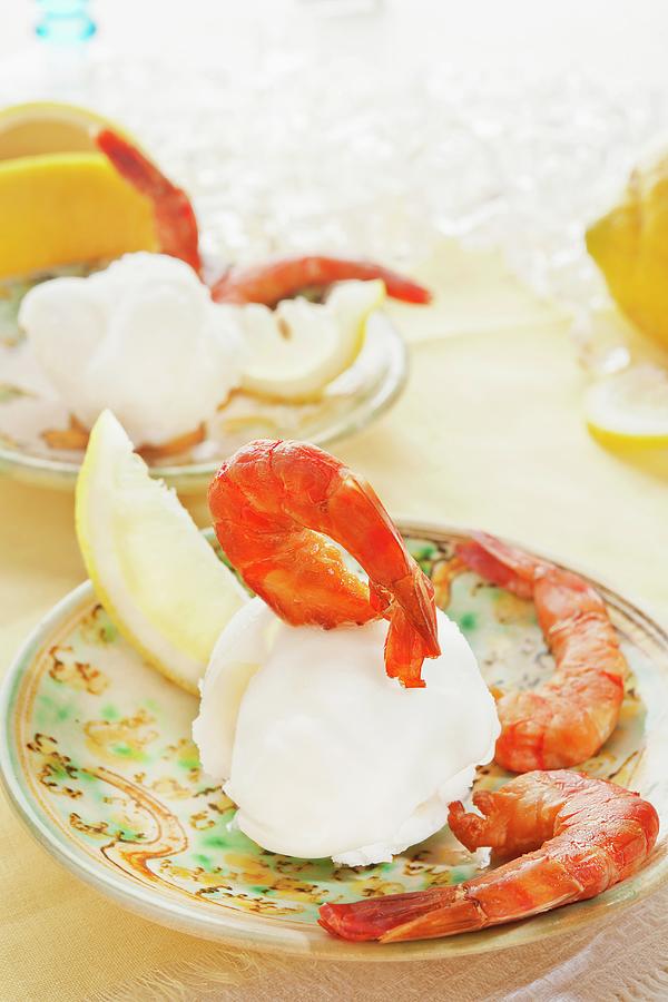 Smoked Prawns On Sour Lemon Sorbet Photograph by Atelier Hmmerle