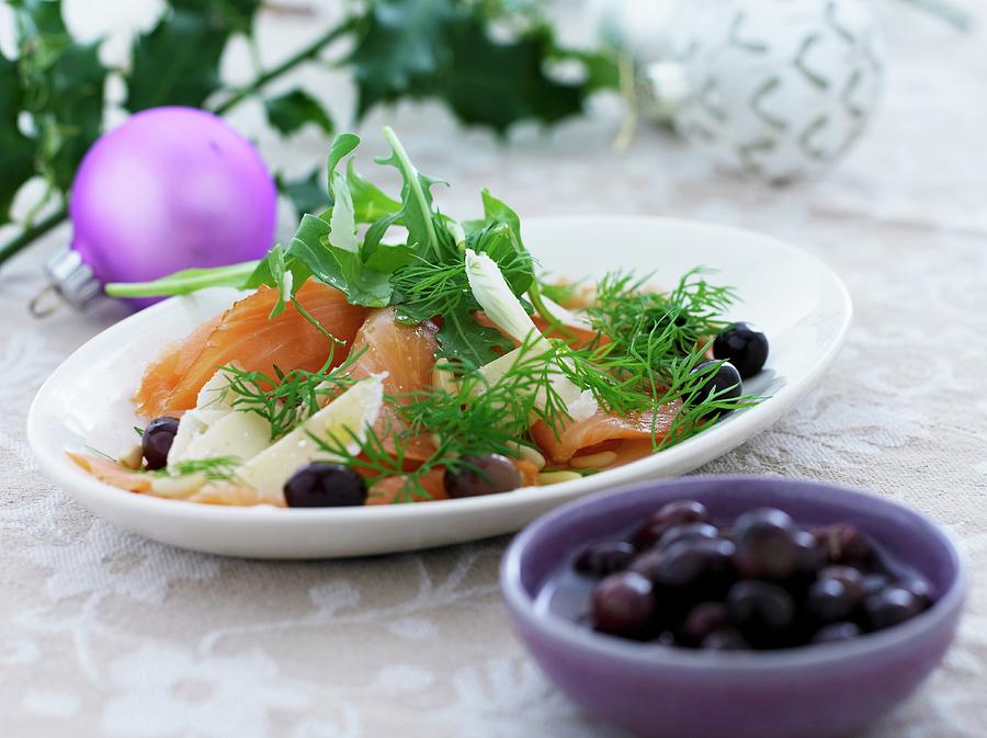 Smoked Salmon With Olives, Dill And Rocket Photograph by Mikkel Adsbl