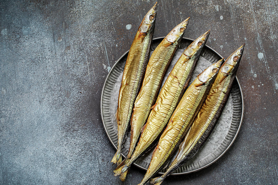 Smoked Saury On A Metal Plate Top View Photograph by Andrey Maslakov
