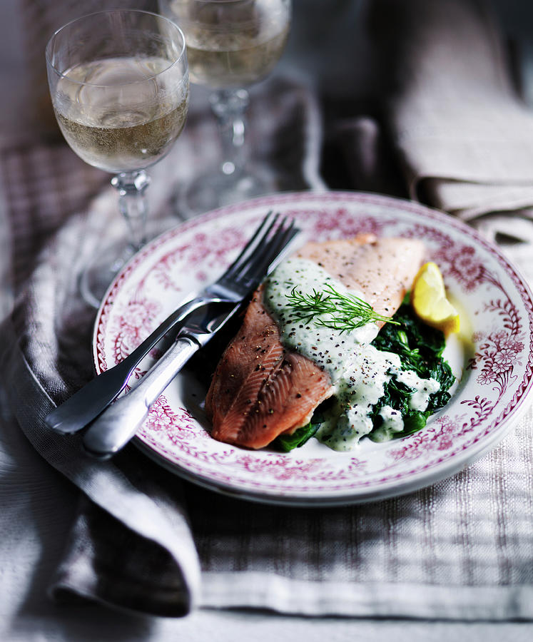 Smoked Trout On Spinach With Dill And Lemon Photograph by Karen Thomas