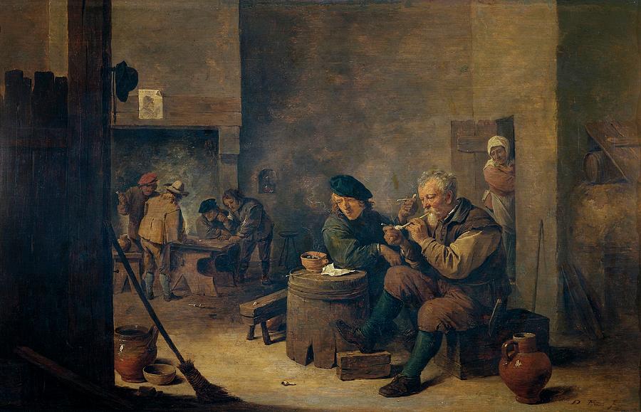 Smokers, 1639, Flemish School, Oil on panel, 40 cm x 62 cm, P01796. Painting by David Teniers the Younger -1610-1690-