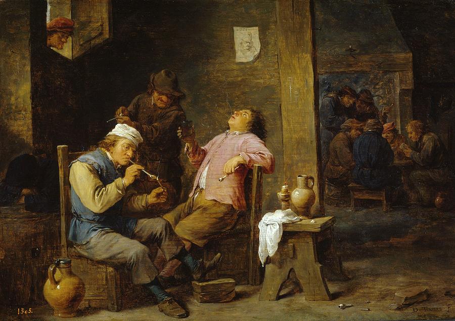 Smokers and Drinkers, 1652, Flemish School, Oil on panel, 34 cm x 48 cm, P01794. Painting by David Teniers the Younger -1610-1690-