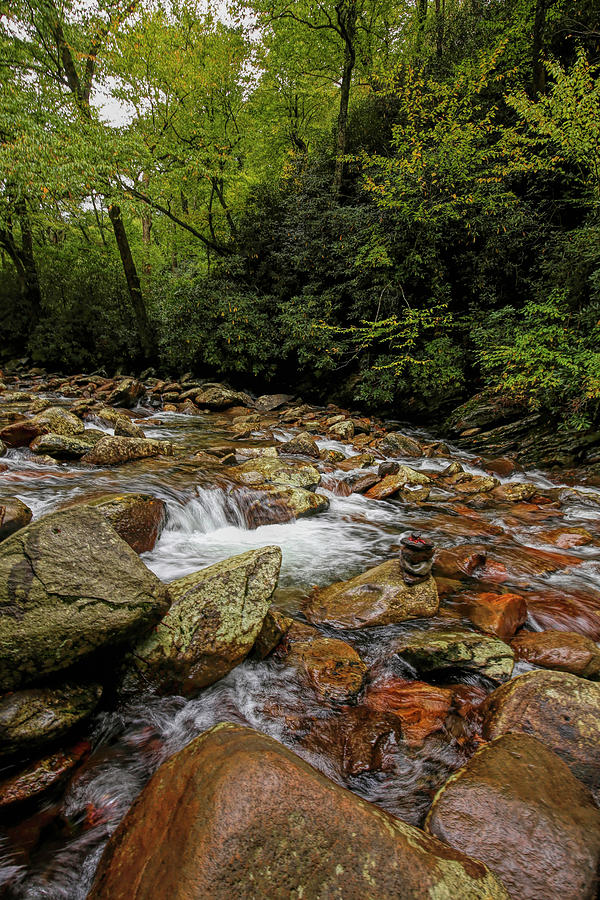 Smoky Mountains National Park Rapids and Cairn Vertical Photograph by Judy Vincent