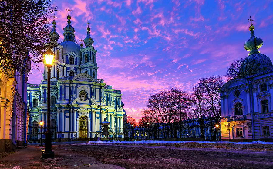 Smolny Convent with Smolny Cathedral at sunset in Saint Petersburg