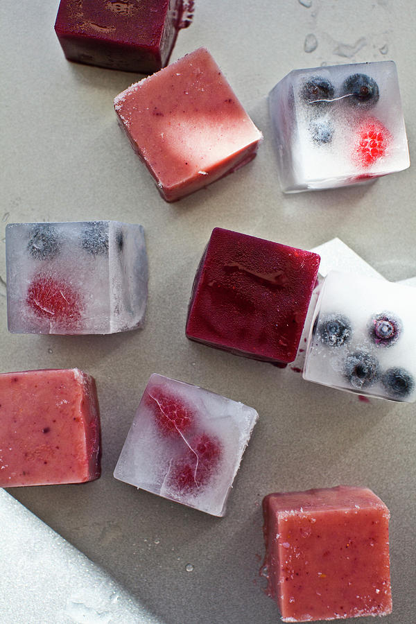 Smoothie Ice Cubes And Ice Cubes With Berries On A Metallic Baking ...