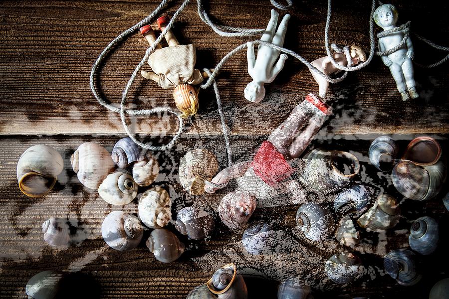Snails Shells And Antique Dolls On Wooden Surface Photograph by Elisabeth Von Plnitz-eisfeld