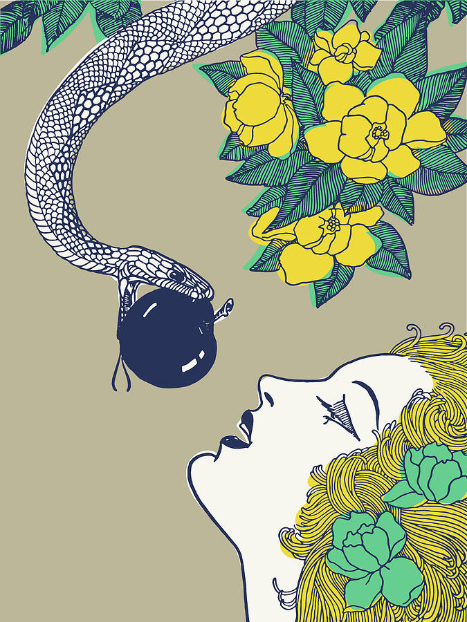 Snake Drawing - Snake Tempting a Woman with an Apple by CSA Images