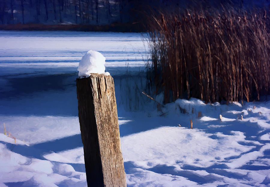 Nature Photograph - Snow Capped Fence Post Along Pond by Anthony Paladino