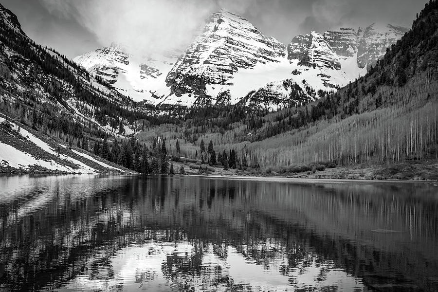 Black And White Photograph - Snow Capped Mountain Peaks - Maroon Bells in Monochrome by Gregory Ballos