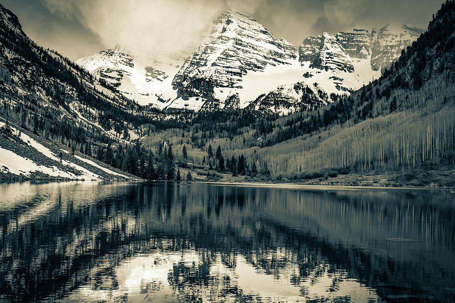 Snow Capped Mountain Peaks - Maroon Bells in Sepia Photograph by Gregory Ballos