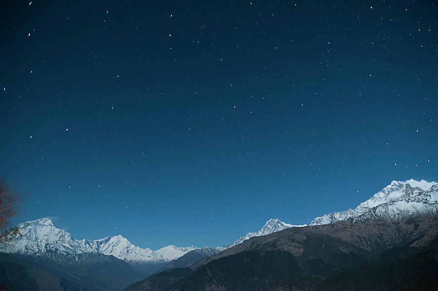 Snow Capped Mountain Range Under Starry Night Sky, Nepal Digital Art by ...