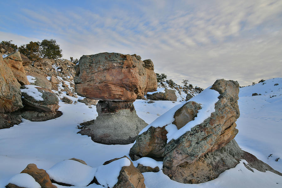 Snow Covered Balanced Rock in Bentonite Site Photograph by Ray Mathis