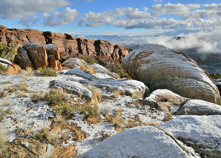 Snow Covered Boulders Above Rim Rock Drive Photograph by Ray Mathis