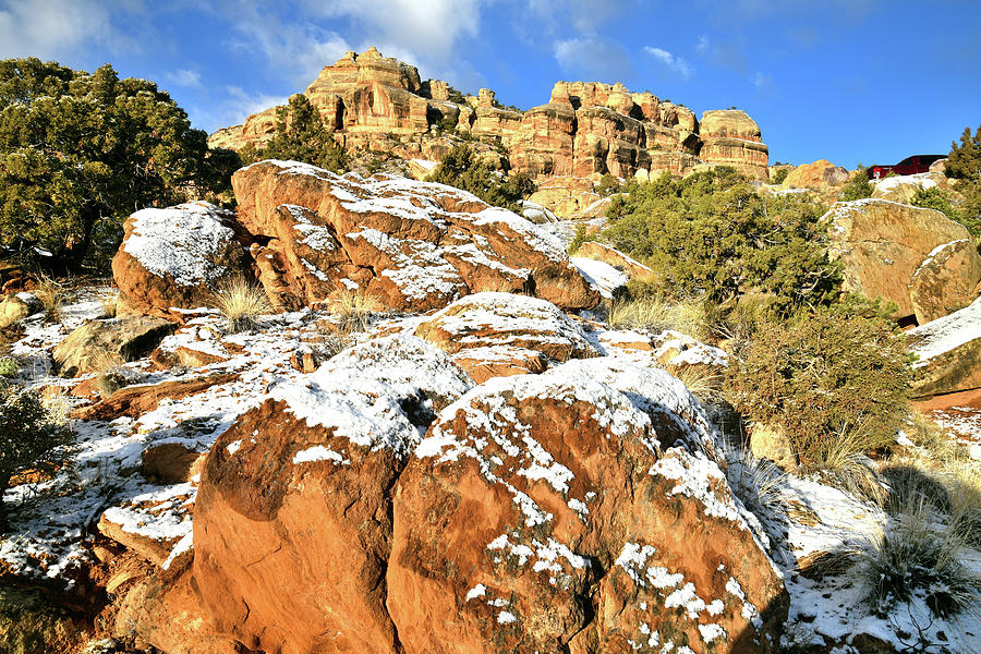 Snow Covered Boulders along Rim Rock Drive in CO National Monument Photograph by Ray Mathis