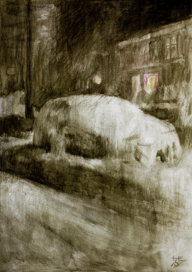 Snow Covered Car at Night Painting by Hans Egil Saele