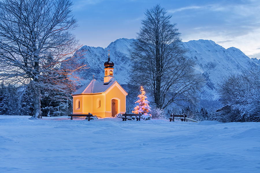 Snow Covered Chapel & Christmas Tree Digital Art by Reinhard Schmid