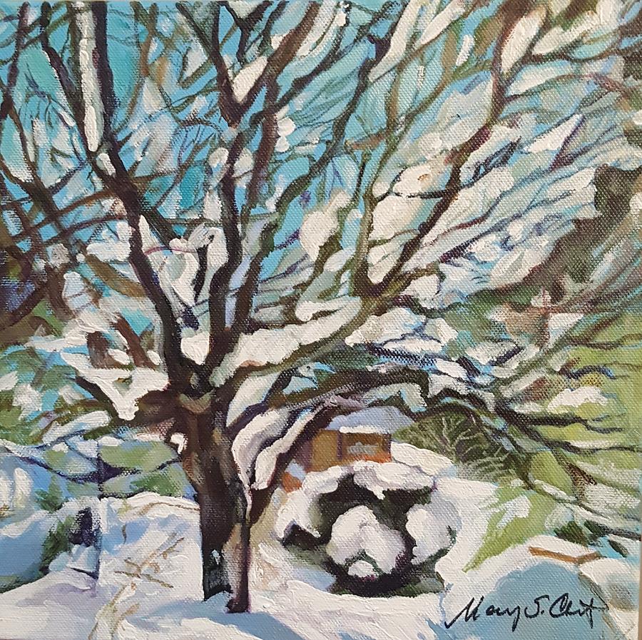Snow Covered Cherry Tree Painting by Mary Chant