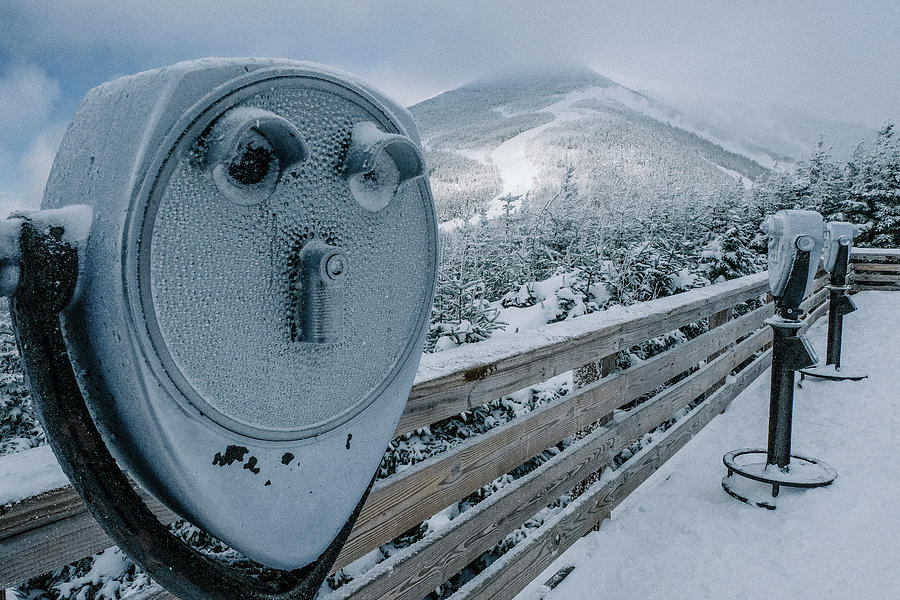 Mountain Photograph - Snow Covered Coin-operated Binoculars Against Mountains At Observation Point by Cavan Images
