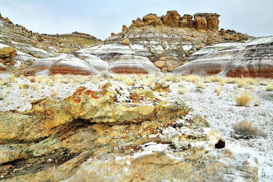 Snow Covered Colorful Dunes and Boulders Photograph by Ray Mathis