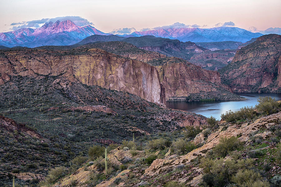 Sunset Photograph - Snow Covered Four Peaks Canyon Lake by Dave Dilli