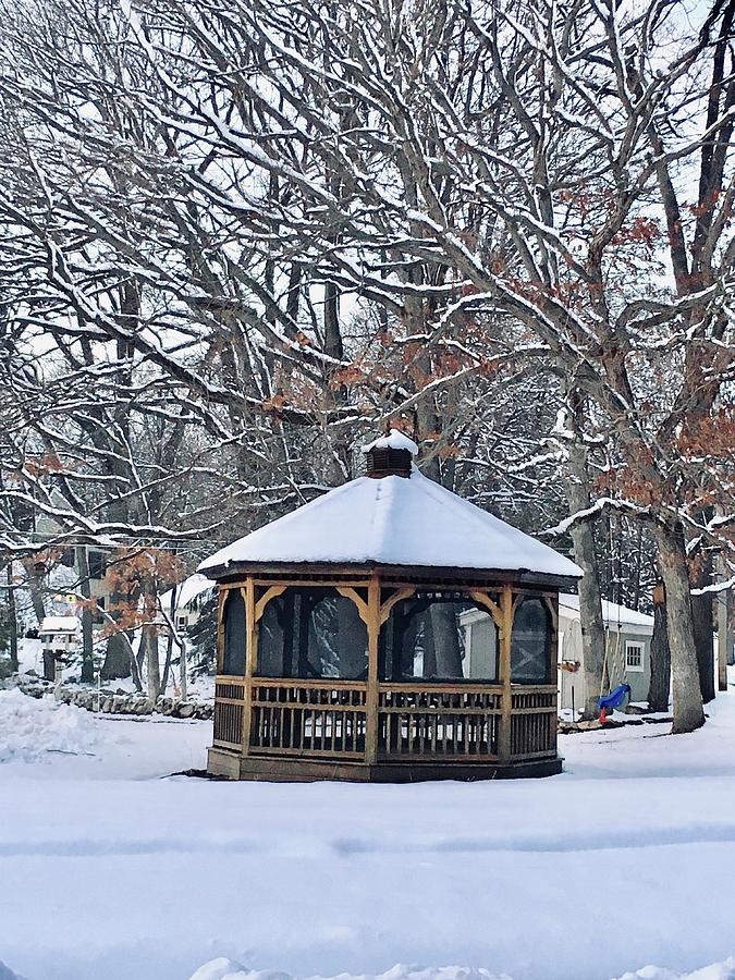Snow-Covered Gazebo and Trees Photograph by Lisa Pearlman