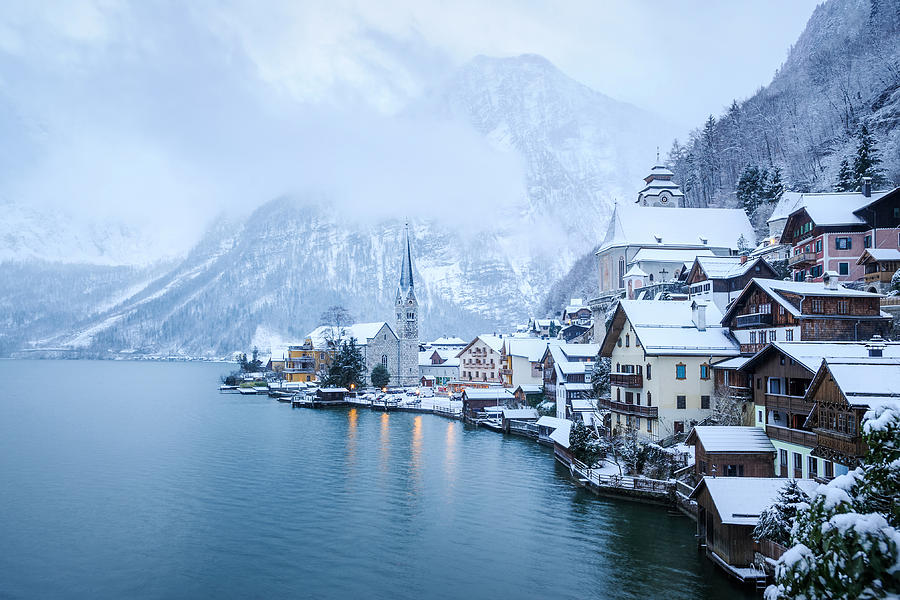 Snow Covered Hallstatt Village In Winter, Austria Photograph by Boris Stroujko