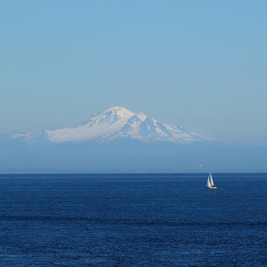 Snow-covered Mount Baker With Sail Boat Photograph by Vienna Mornings